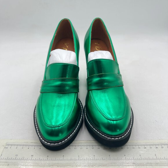 YDN Forest Green Penny Loafers Round Toe Pumps Platform Chunky Heel Shoe - Picture 3 of 8